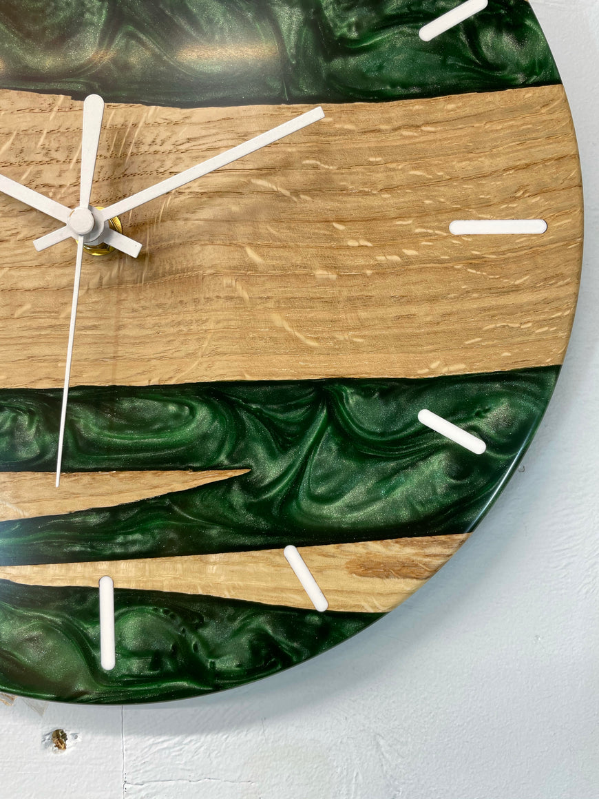 English Oak and Dark Green Pearlescent Resin Wall Clock