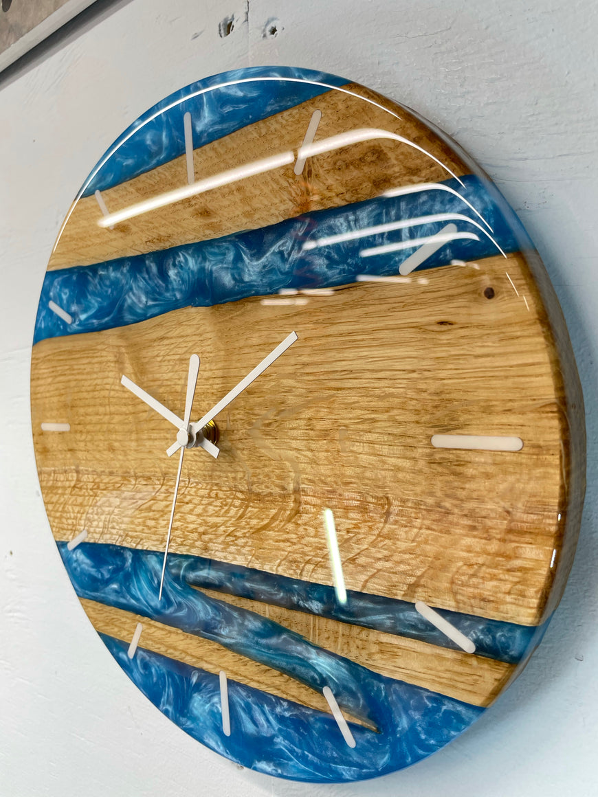 English Oak and Sky Blue Pearlescent Resin Wall Clock