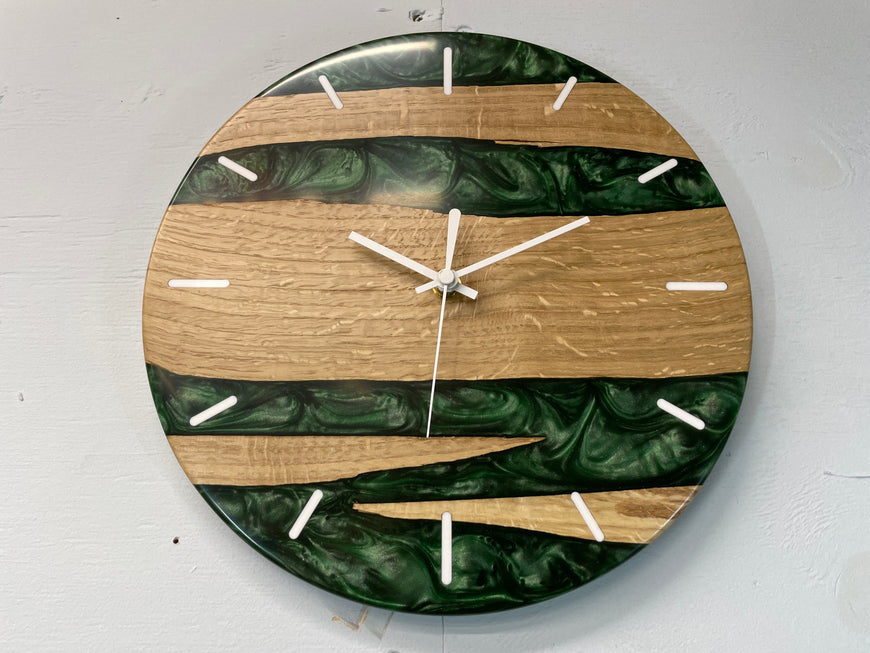 English Oak and Dark Green Pearlescent Resin Wall Clock