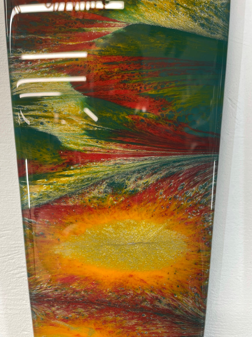Narrow Dark Green Antique Gold and Maroon Abstract Resin Wall Clock