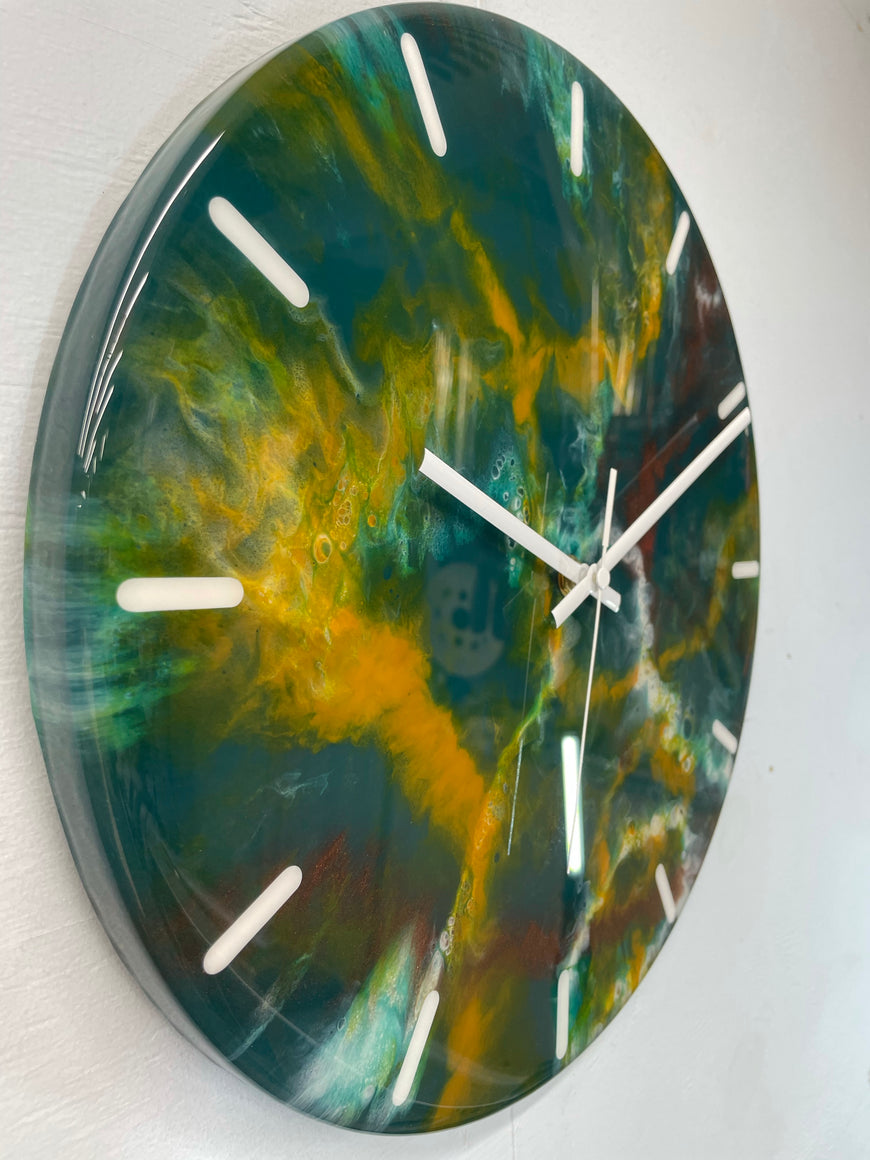 33cm Dark Green Burnt Orange and Copper Abstract Modern Resin Wall Clock