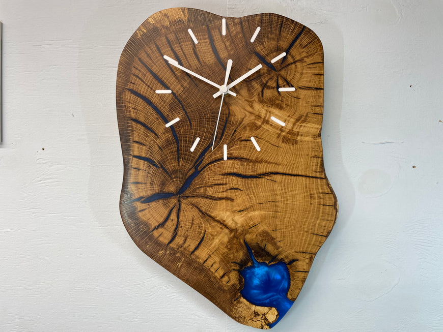 English oak and sapphire blue pearlecent resin wall clock