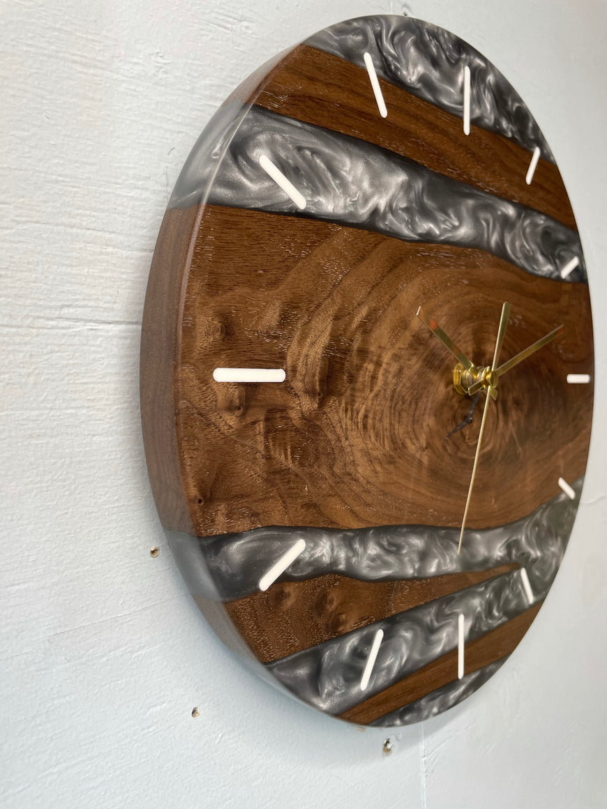 Black Walnut and Metallic Silver Resin Wall Clock