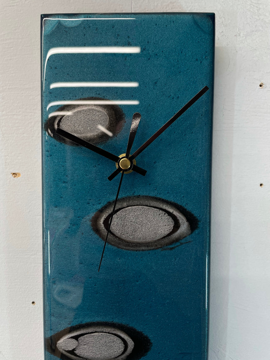 Narrow Turquoise Silver & Black Rectangular Abstract Resin Wall Clock   70cm x 12cm