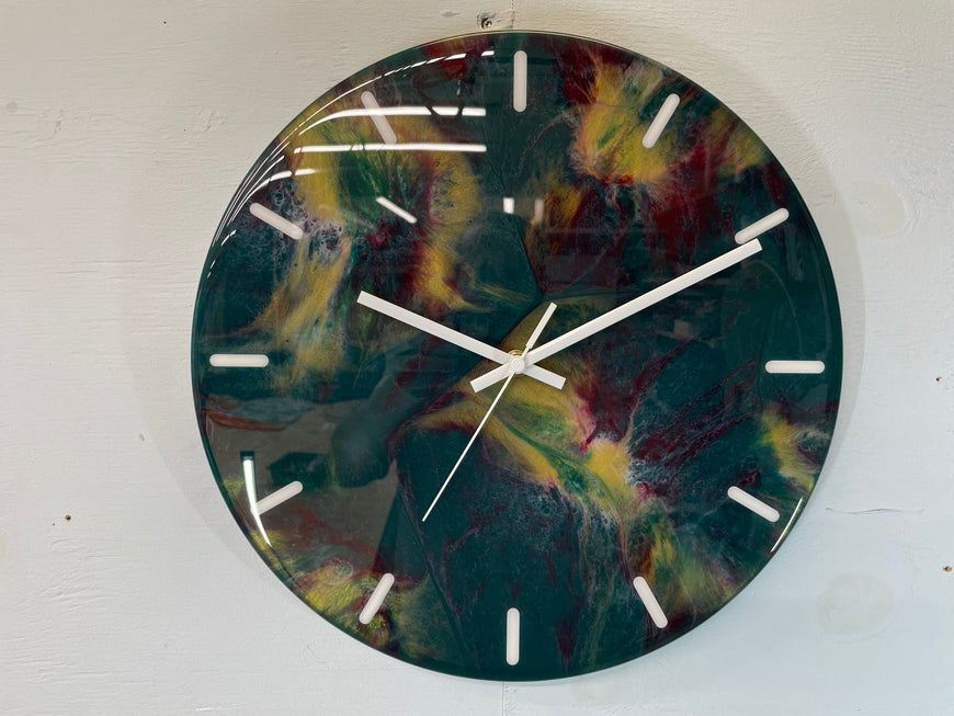 33cm Dark Green Maroon and Gold Abstract Modern Resin Wall Clock