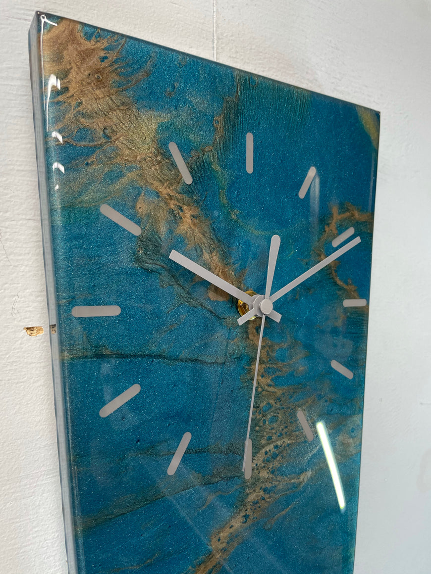 70cm Long Narrow Turquoise And Copper Abstract Resin Wall Clock