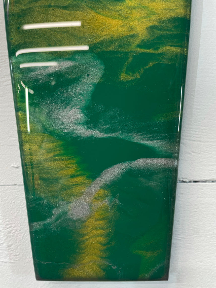 Narrow Dark Green Silver and Gold Abstract Resin Wall Clock