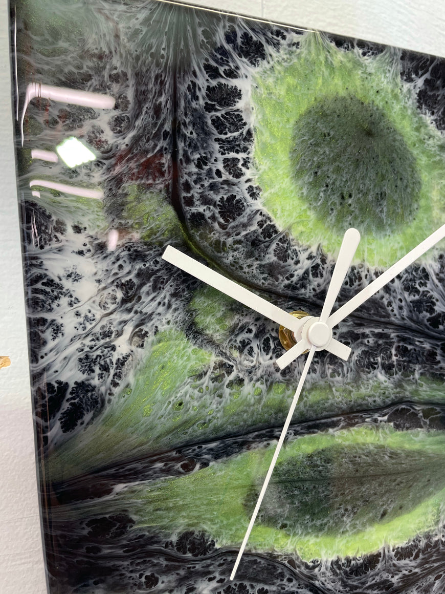 Narrow Black Green and White Abstract Resin Wall Clock, Long Modern Wall Clock
