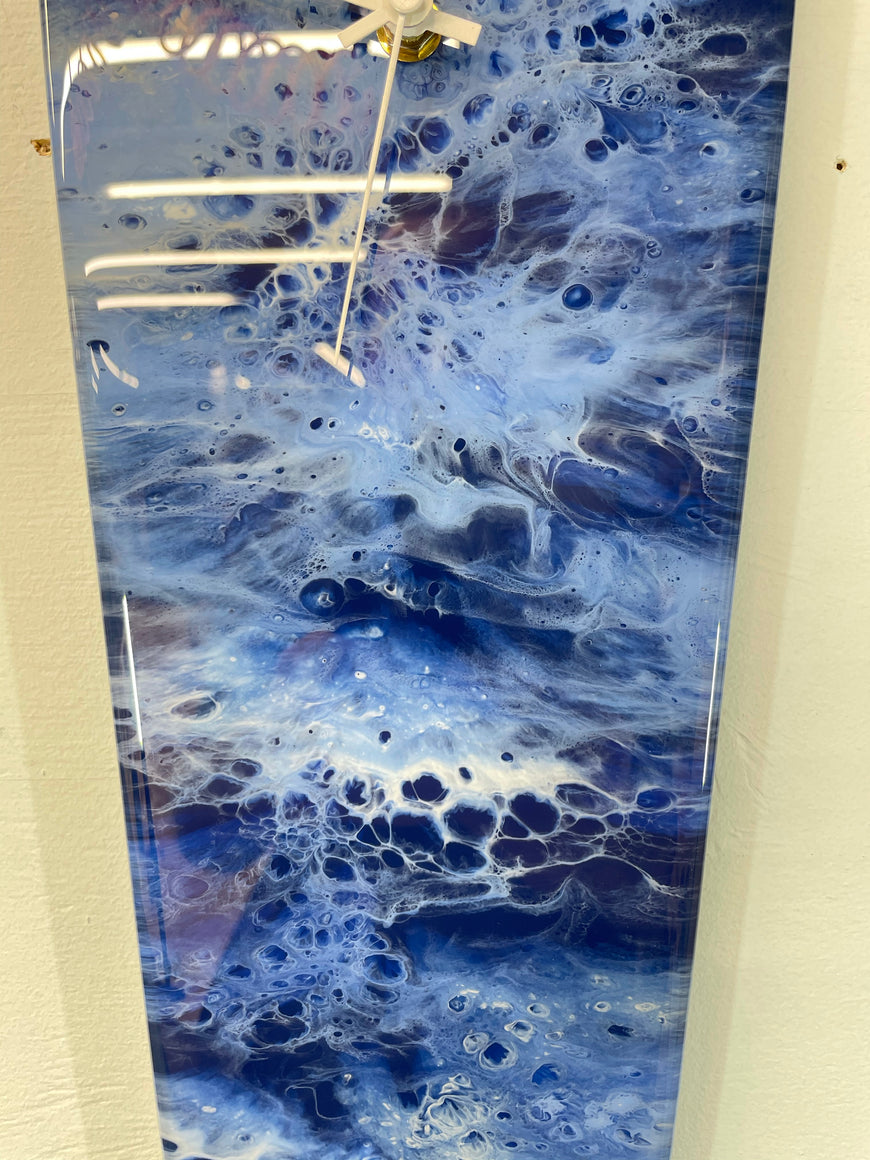 Narrow Navy Blue Baby Blue and White Abstract Resin Wall Clock
