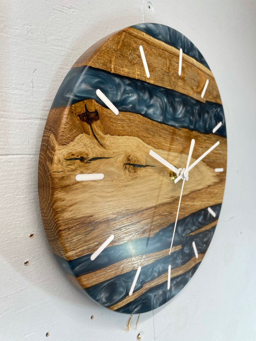 English Oak and Metallic Blue Pearlescent Resin Wall Clock