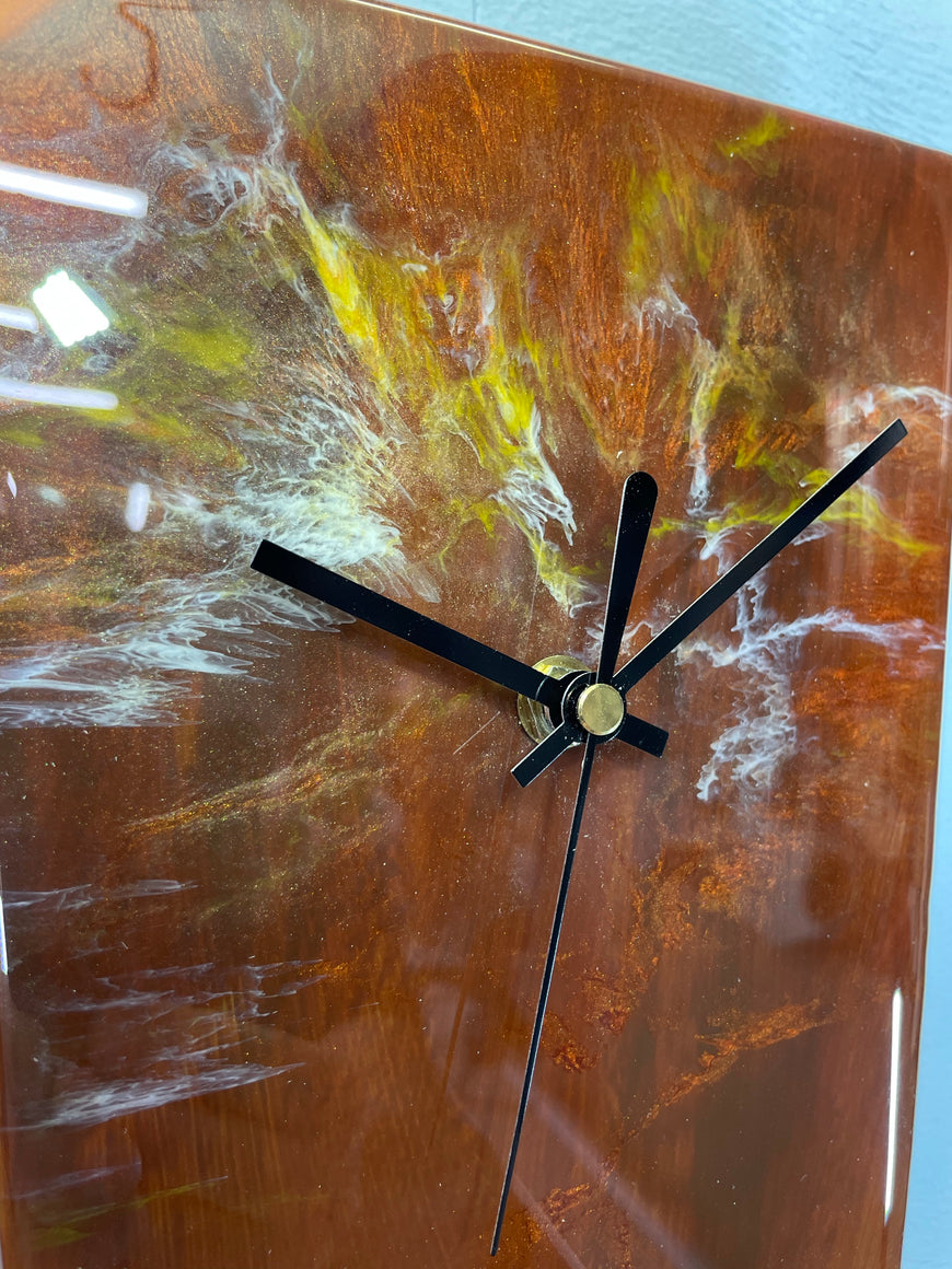 Modern Narrow Brown Copper and Ivory Abstract Resin Wall Clock