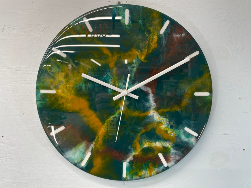 33cm Dark Green Burnt Orange and Copper Abstract Modern Resin Wall Clock