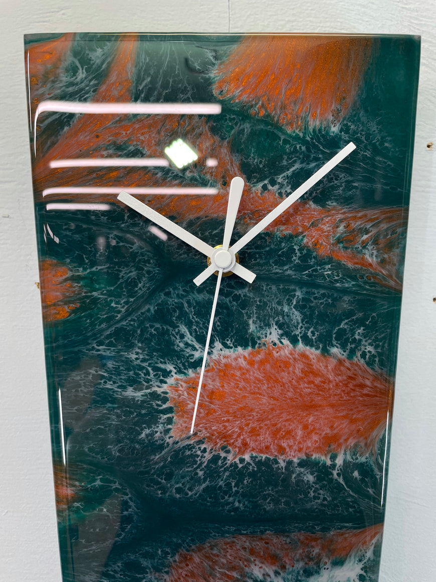 Narrow Dark Green Copper and White Abstract Resin Wall Clock
