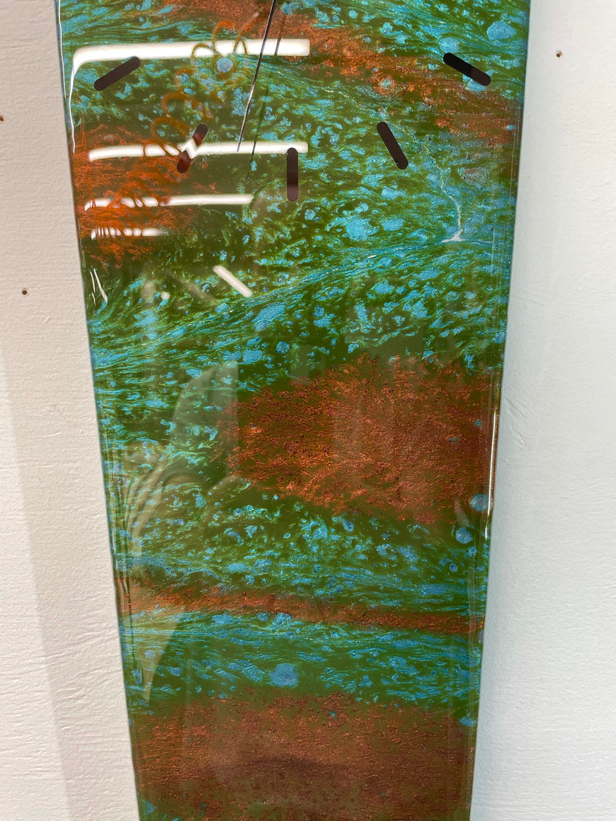 70cm Long Narrow Turquoise Green and Copper Abstract Resin Wall Clock