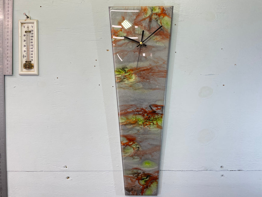 Narrow Metallic Silver Copper and Lime Green Abstract Resin Wall Clock