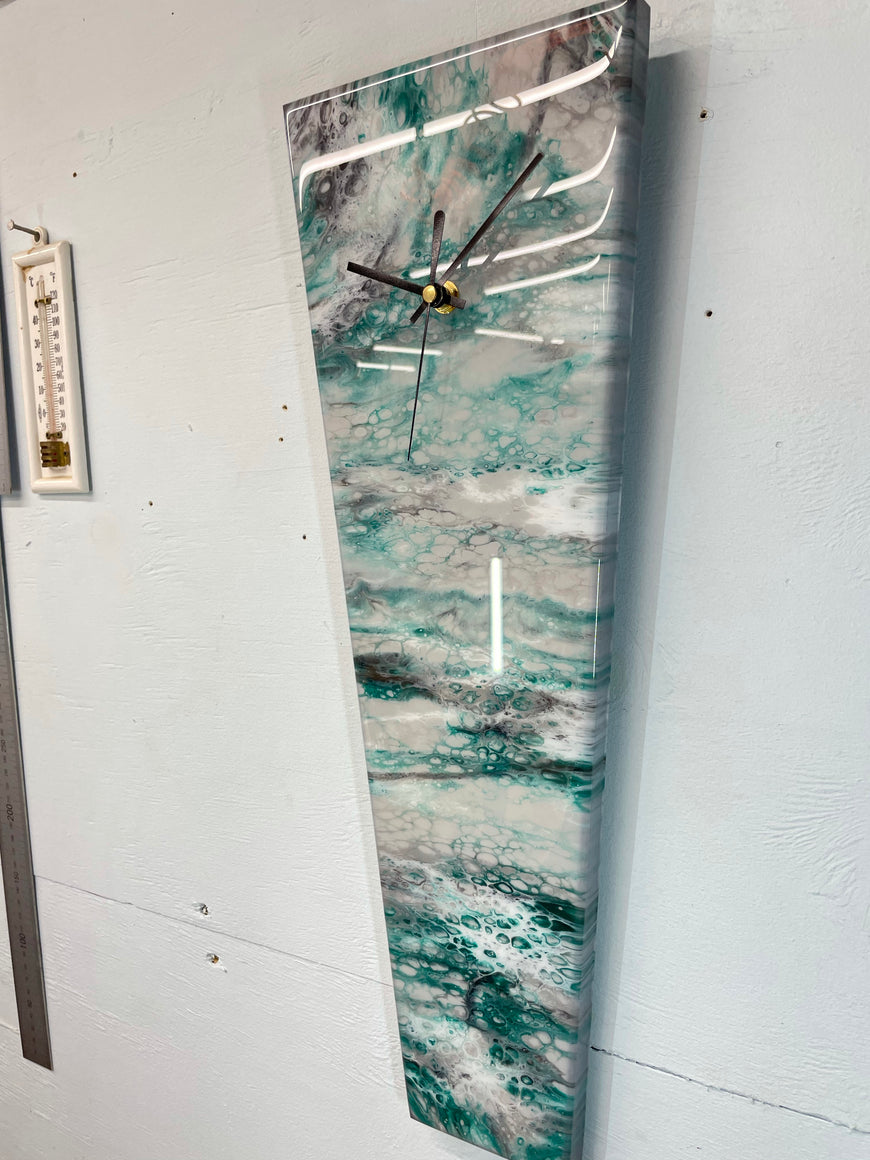 Narrow Grey Emerald Green Black and White Abstract Resin Wall Clock