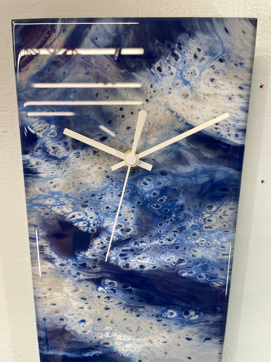 Narrow Navy Blue Grey and White Abstract Resin Wall Clock