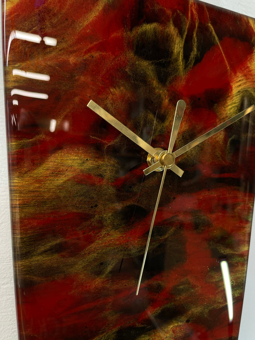 Narrow Black Blood Red Maroon and Gold Abstract Resin Wall Clock