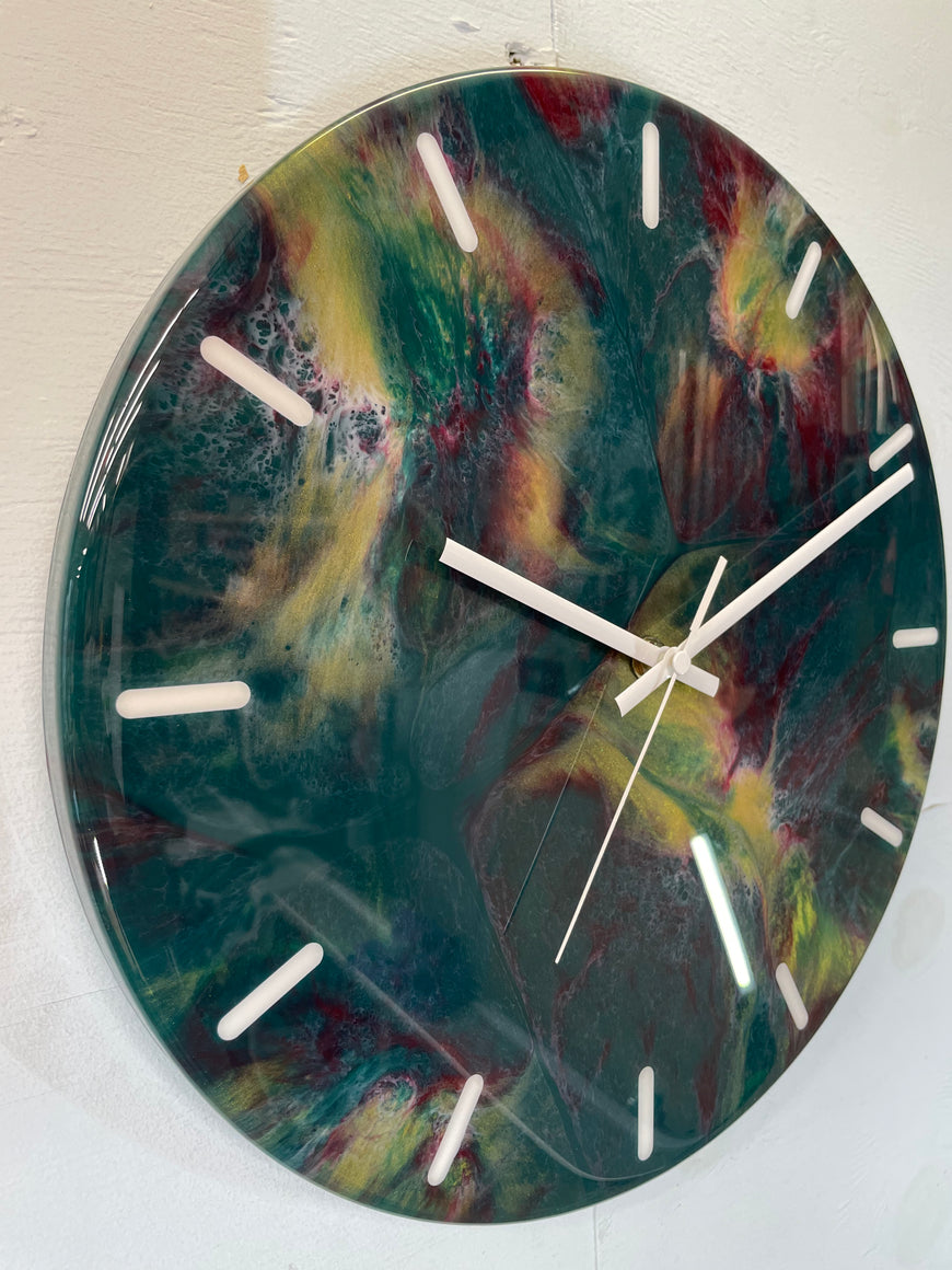 33cm Dark Green Maroon and Gold Abstract Modern Resin Wall Clock