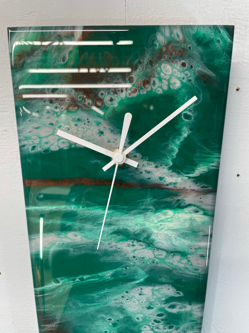 Narrow Emerald Green Copper and Grey Abstract Resin Wall Clock
