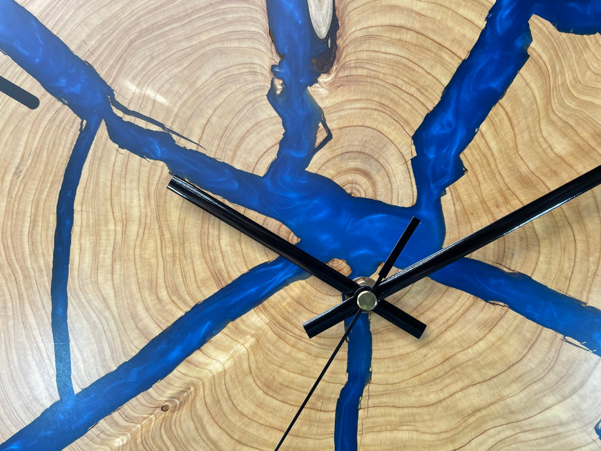 Large End Grain Wooden Wall Clock with Sapphire Blue Pearlescent Resin