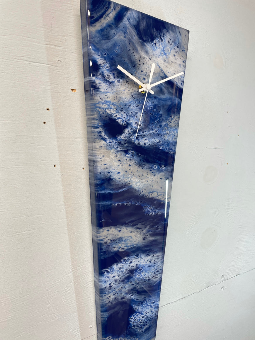 Narrow Navy Blue Grey and White Abstract Resin Wall Clock