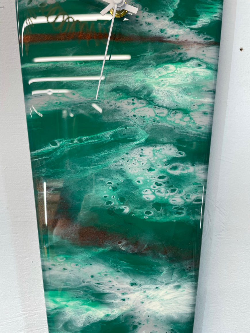 Narrow Emerald Green Copper and Grey Abstract Resin Wall Clock