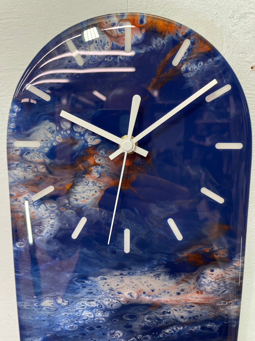 Narrow Navy Blue White Grey and Copper Abstract Resin Wall Clock