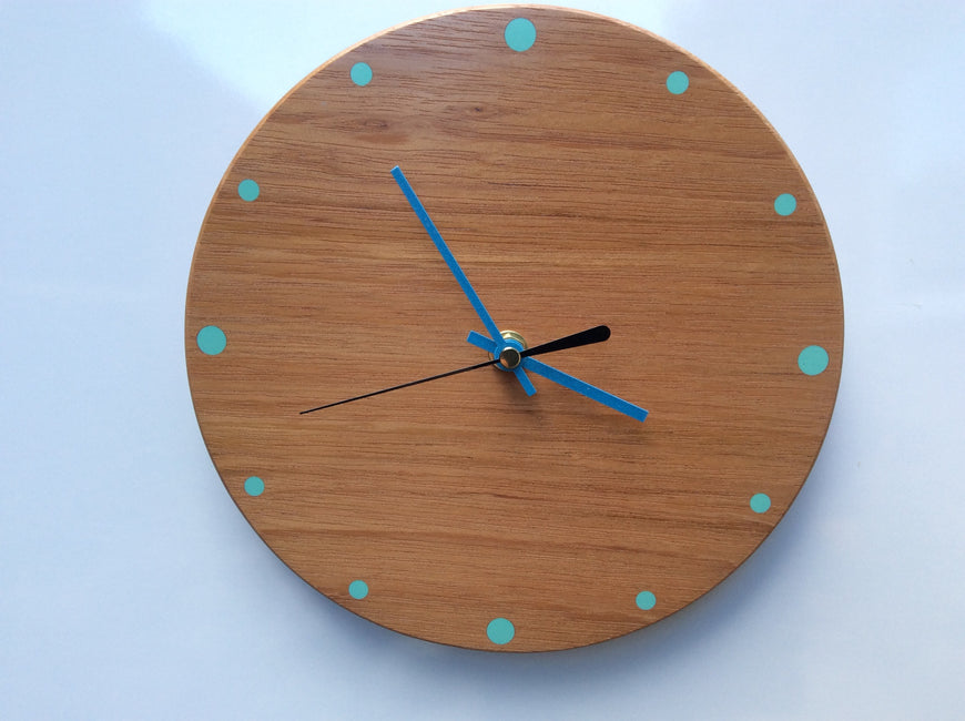 Small Wooden Wall Clock with  Blue Hands