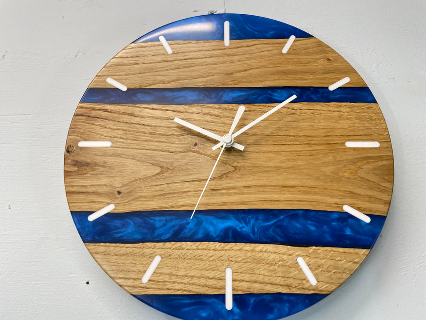 English Oak and Sapphire Blue Pearlescent Resin Wall Clock