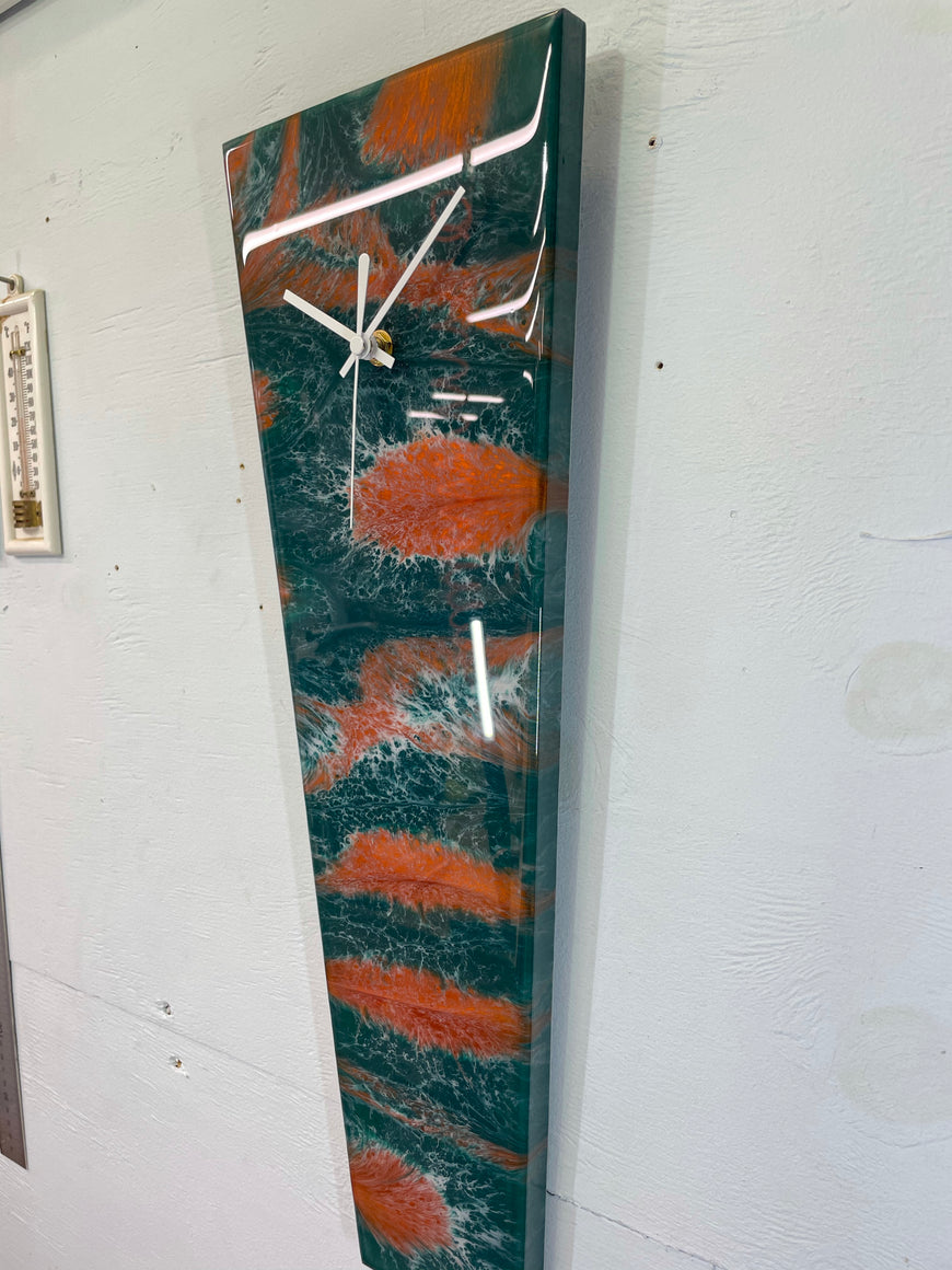 Narrow Dark Green Copper and White Abstract Resin Wall Clock