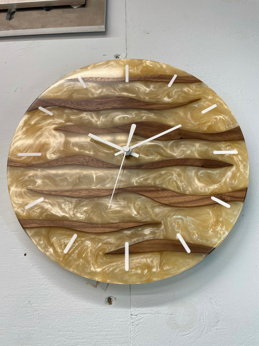 28cm Black Walnut and Antique Pearl Resin Wall Clock