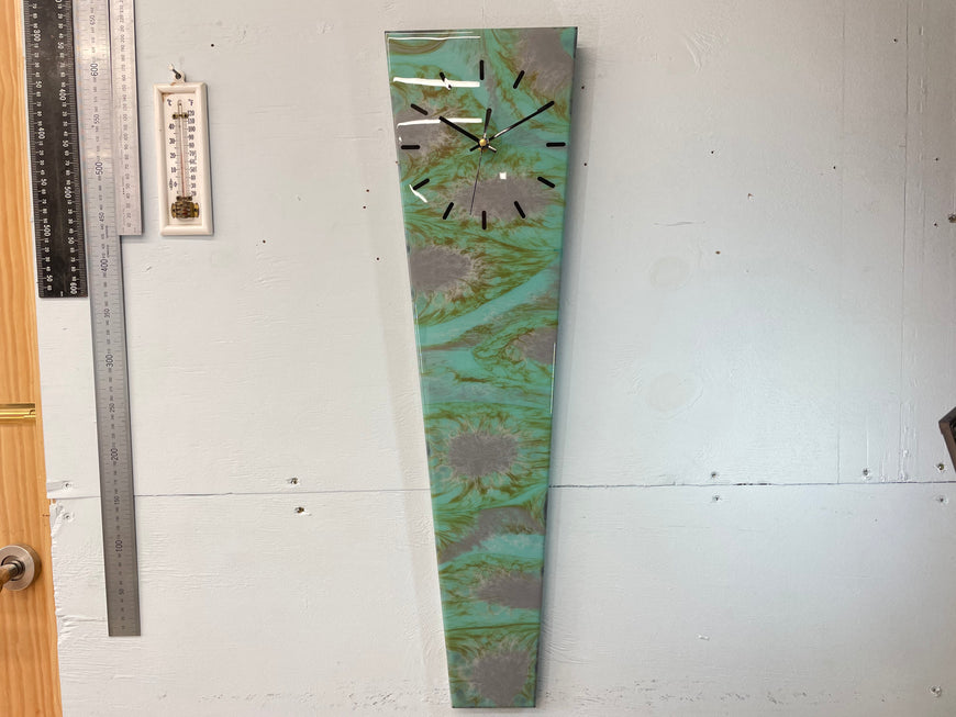 70cm Long Narrow Teal Grey and Green Abstract Resin Wall Clock