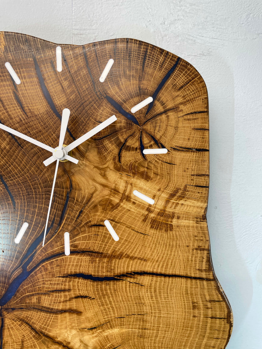 Wall Clock, English Oak and Pearlescent Blue Resin