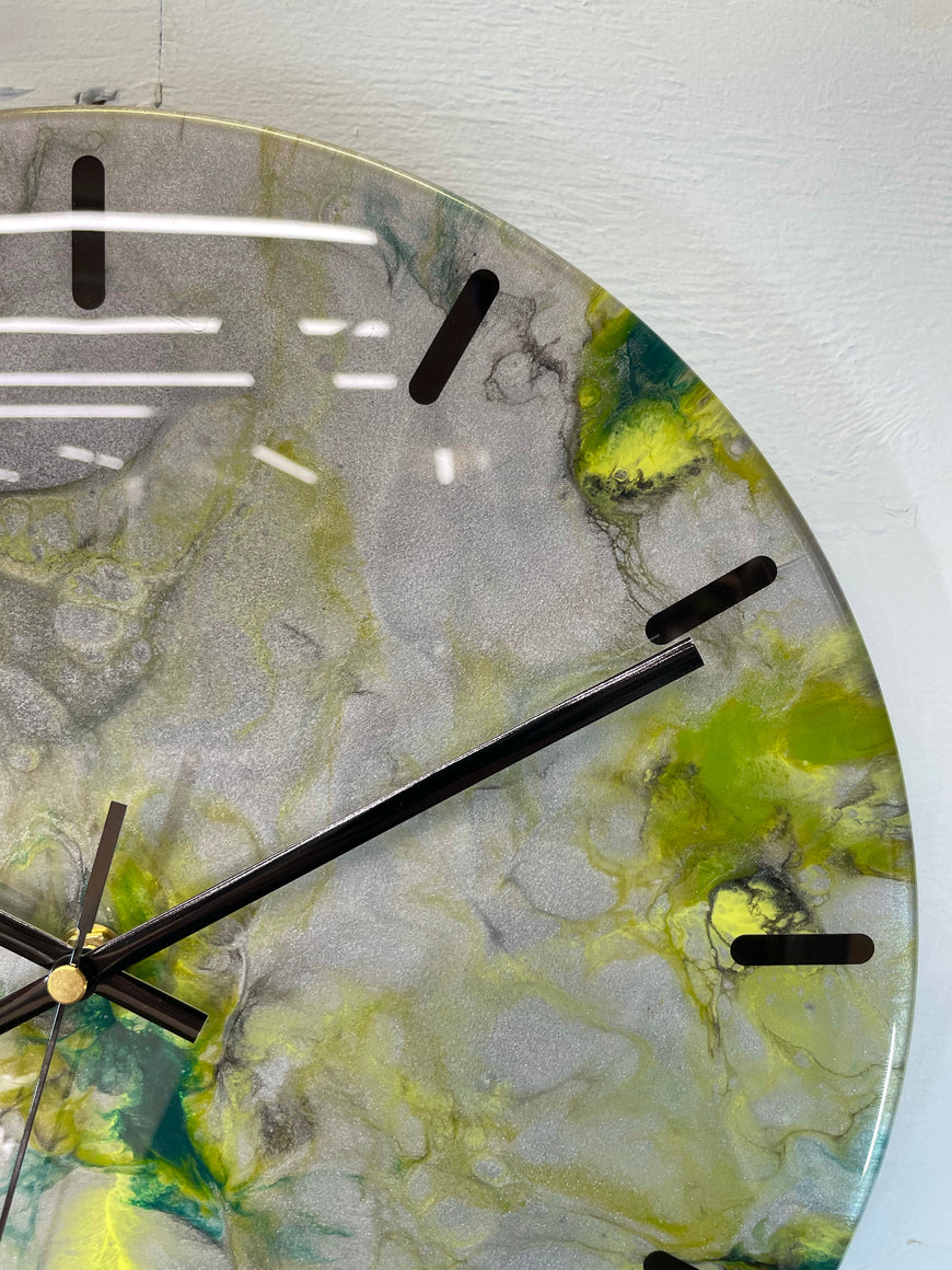 33cm Metallic Silver Dark Green and Yellow Abstract Modern Resin Wall Clock