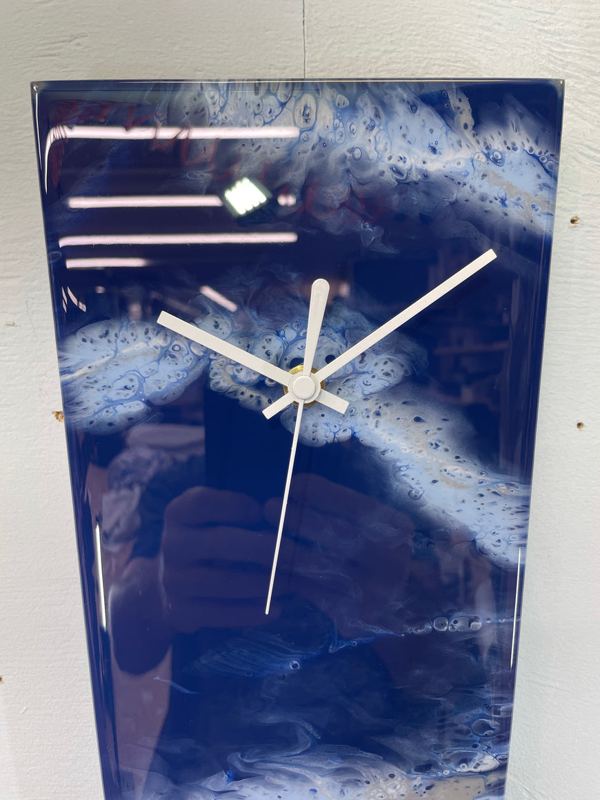 Narrow Navy and Baby Blue Grey and White Abstract Resin Wall Clock