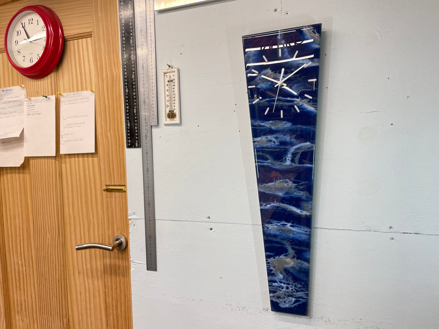 70cm Long Narrow Navy Blue White and Grey Abstract Resin Wall Clock
