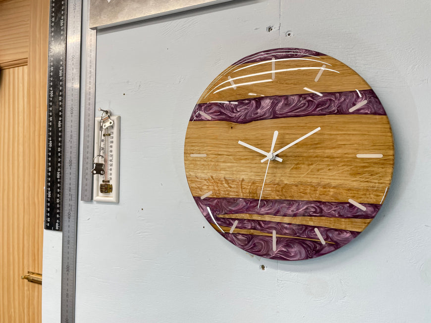 English Oak and Purple Pearlescent Resin Wall Clock