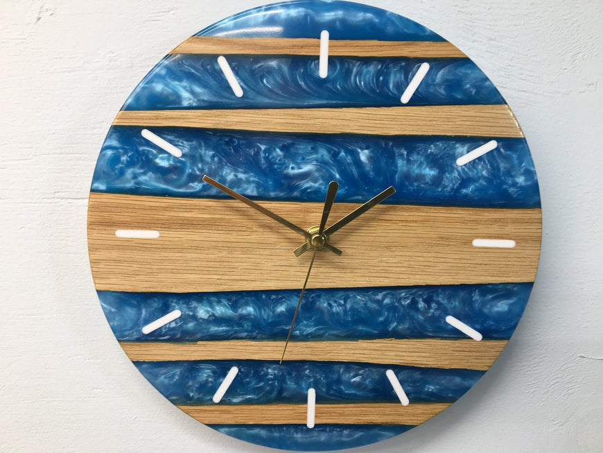 Sky Blue Pearlescent Resin and Red Oak Wall Clock