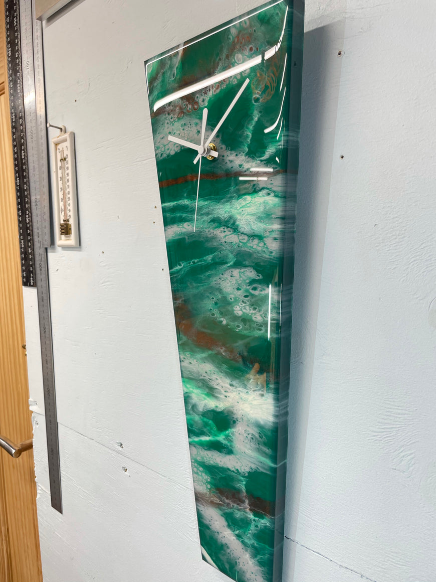 Narrow Emerald Green Copper and Grey Abstract Resin Wall Clock