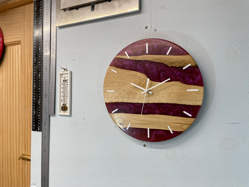 English Oak and Pearlescent Magenta Resin Wall Clock