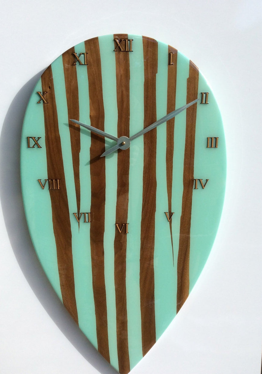 Large Wall Clock, Bespoke Clock, American Black Walnut and Mint Green Resin Clock