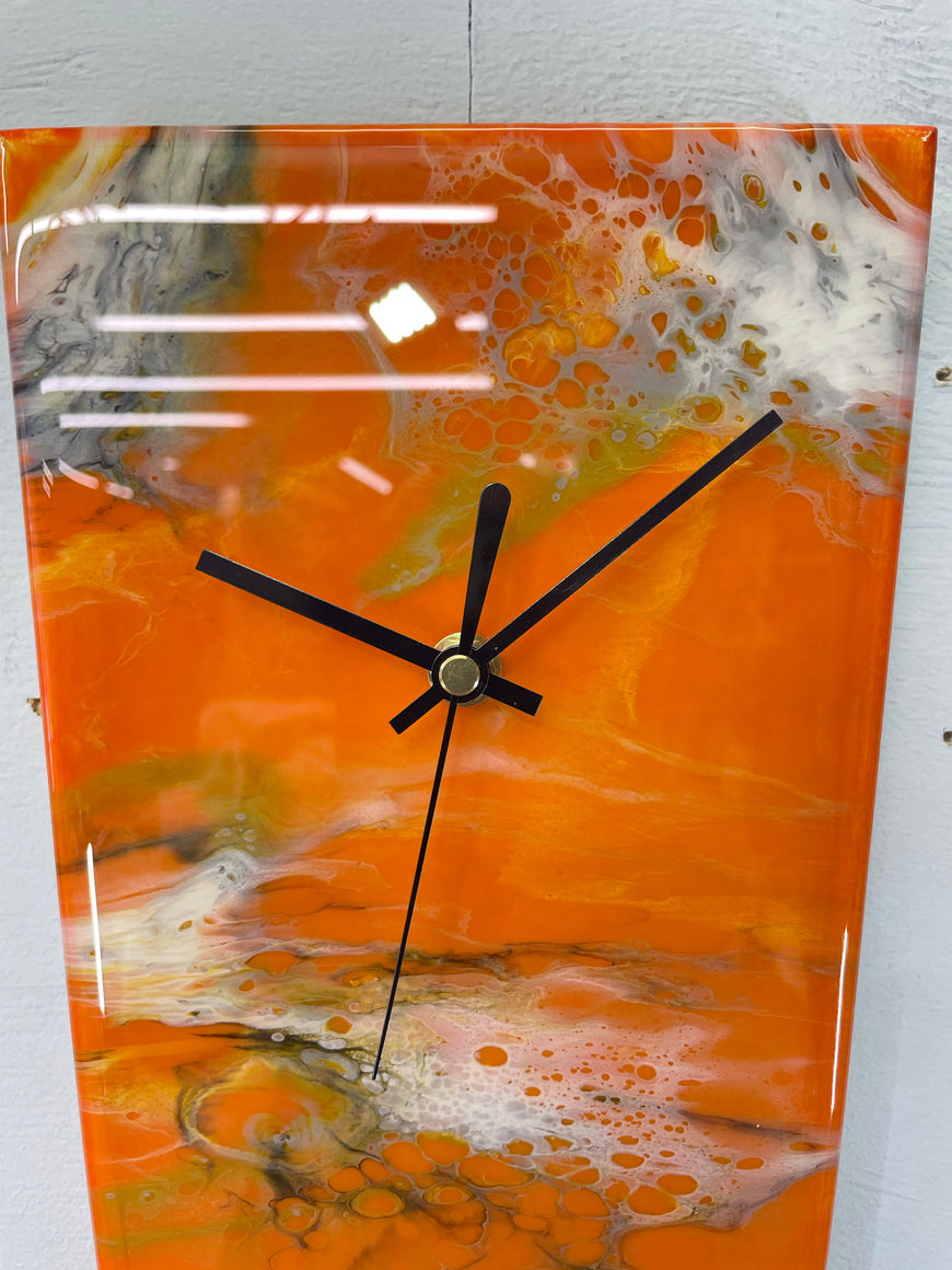 Narrow Burnt Orange Ivory Black and Grey Abstract Resin Wall Clock