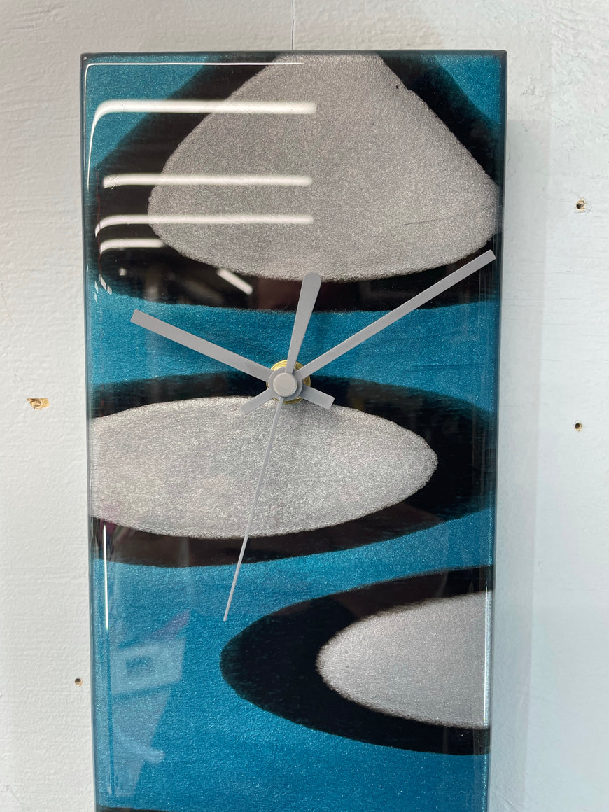 Narrow Turquoise Silver & Black Rectangular Abstract Resin Wall Clock