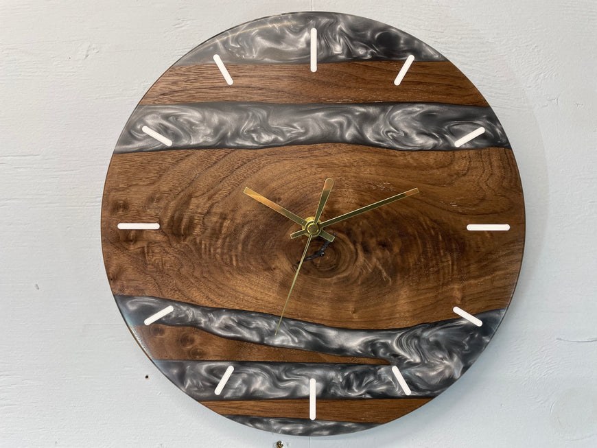 Black Walnut and Metallic Silver Resin Wall Clock