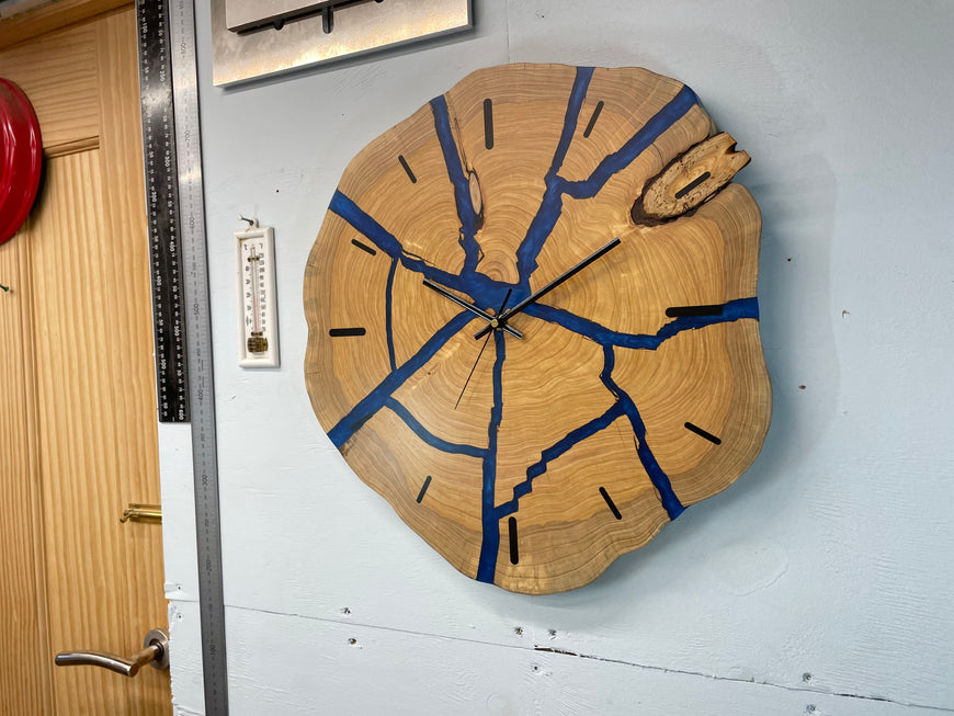 Large End Grain Wooden Wall Clock with Sapphire Blue Pearlescent Resin