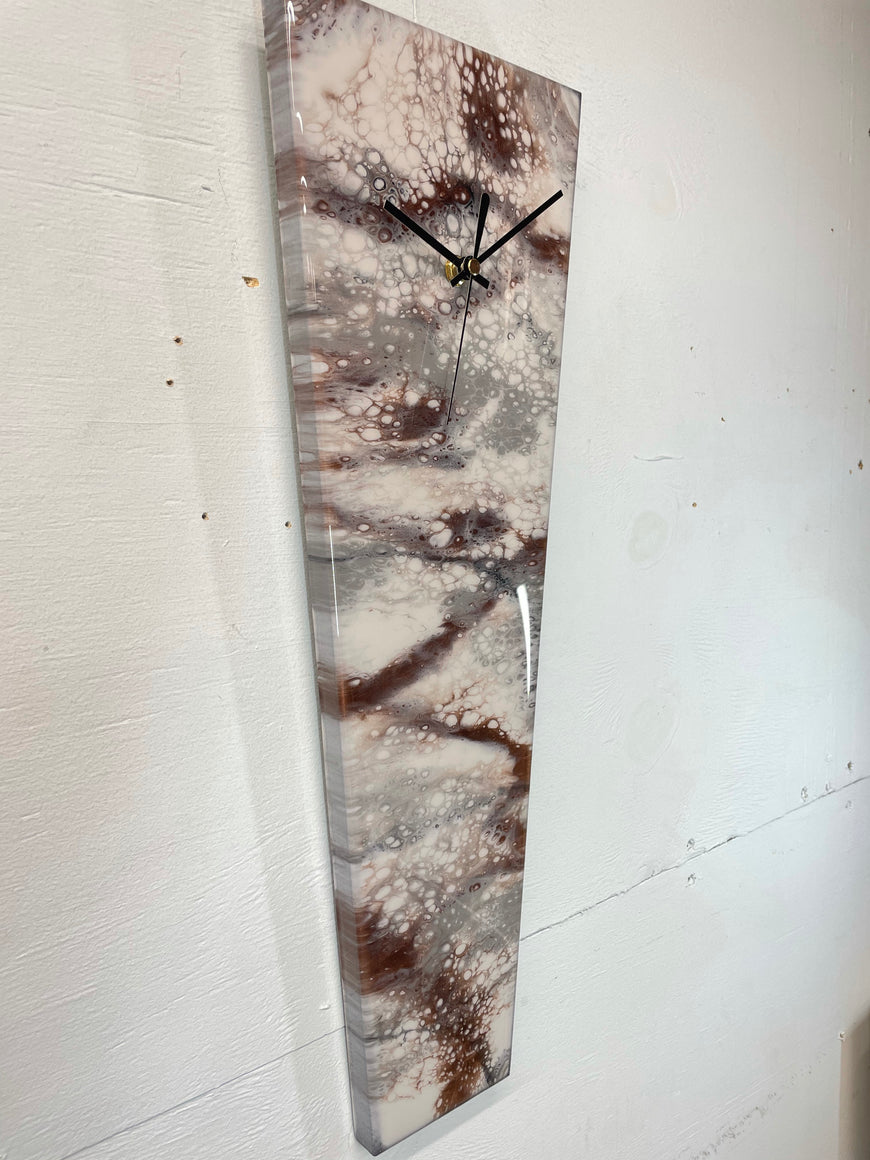 Narrow Grey White and Copper Abstract Resin Wall Clock