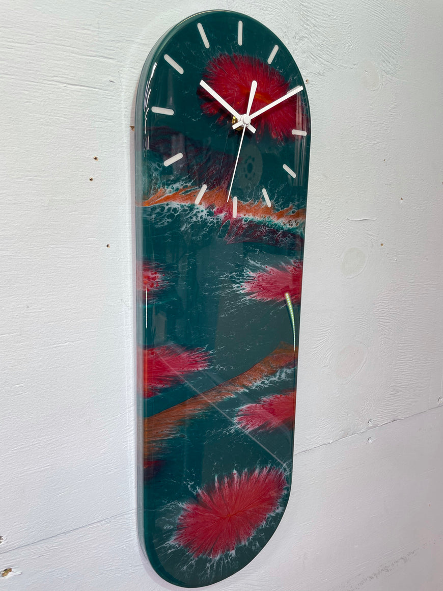 Narrow Emerald Green Blood Red and Copper Abstract Resin Wall Clock