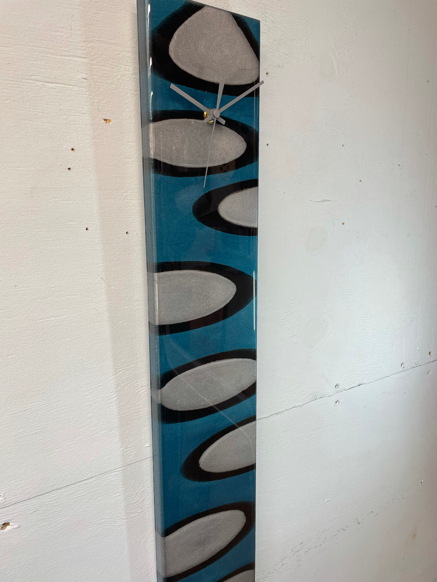 Narrow Turquoise Silver & Black Rectangular Abstract Resin Wall Clock   70cm x 13cm