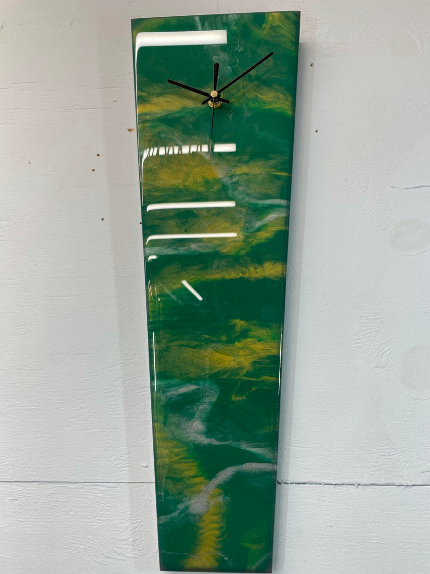 Narrow Dark Green Silver and Gold Abstract Resin Wall Clock